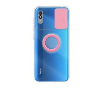 Funda Compatible con Xiaomi Redmi 9A Transparente con Anilla y Cubre Cámara