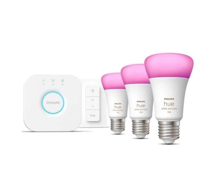 Kit de bombillas led inteligente philips hue + regulador + bridge/ casquillo e27/ 9w/ 1100 lúmenes/ 2000k-6500k/ 3 unidades