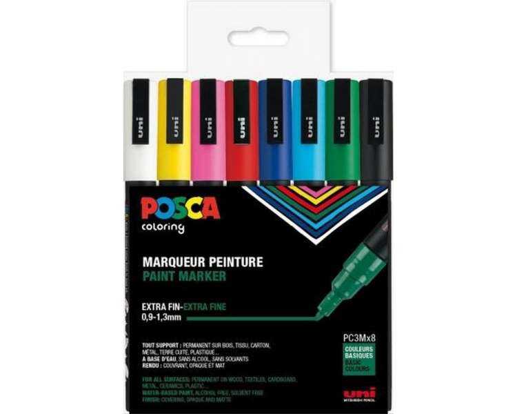 Posca - PC3M - Fine Tip Pen - Basic Colors, 8 pc