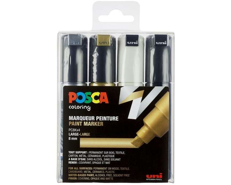 Posca - PC8K - Broad Tip Pen - Gold, Silver, Black and White, 4 pc