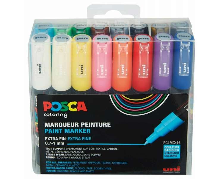 Posca - PC1MC - Extra Fine Tip Pen - Basic Colors, 16 pc