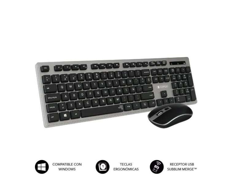 Teclado y ratón inalámbrico subblim combo wireless ergo keys silent flat hq/ gris y negro