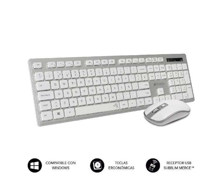 Teclado y ratón inalámbrico subblim combo wireless ergo keys silent flat hq/ plata y blanco