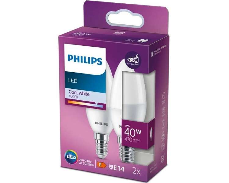 Bombilla led philips led/ casquillo e14/ 4.9w/ 470 lúmenes/ 4000k/ pack de 2 uds