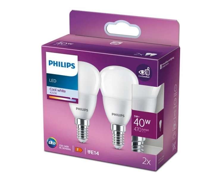 Bombilla led philips led/ casquillo e14/ 5w/ 470 lúmenes/ 4000k/ pack de 2 uds