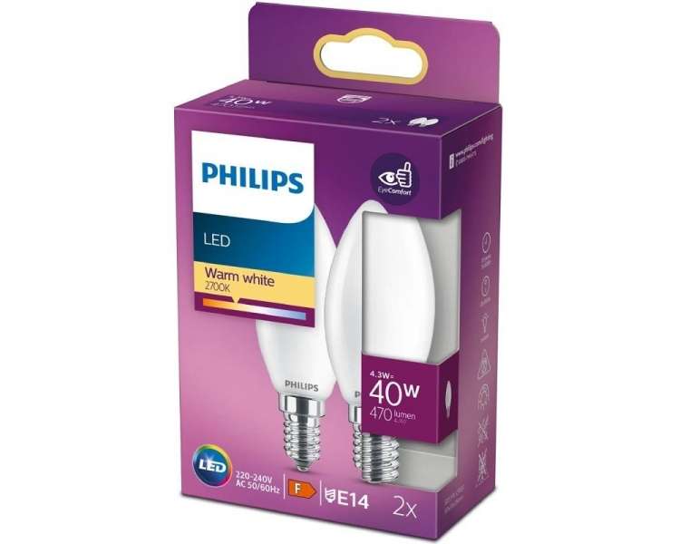 Bombilla led philips led classic/ casquillo e14/ 4.3w/ 470 lúmenes/ 2700k/ pack de 2 uds