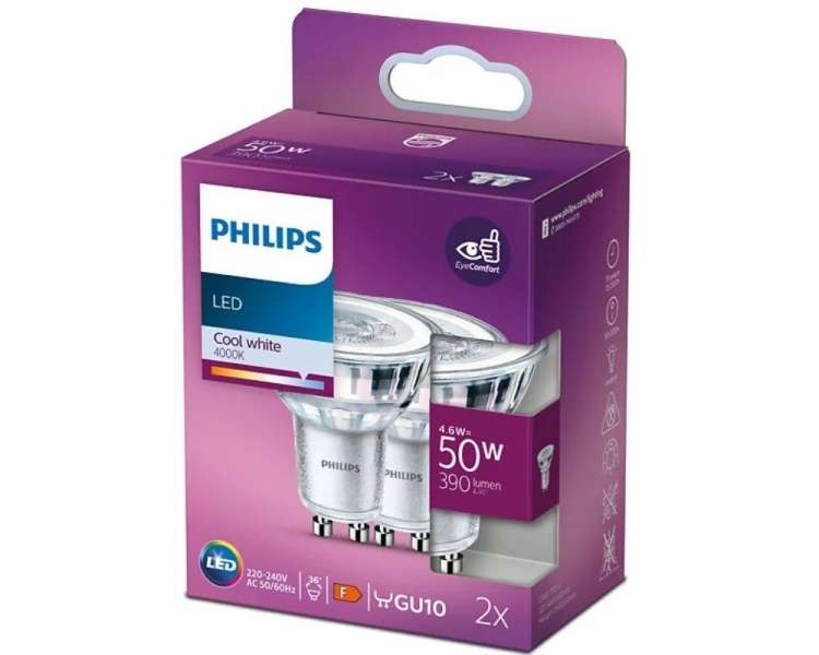 Bombilla led philips led classic/ casquillo gu10/ 4.6w/ 390 lúmenes/ 4000k/ pack de 2 uds