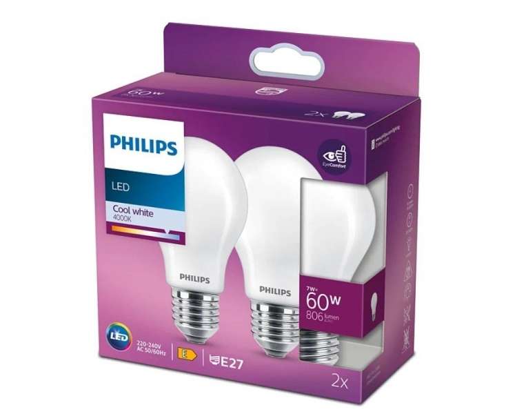 Bombilla led philips led classic/ casquillo e27/ 7w/ 806 lúmenes/ 4000k/ pack de 2 uds