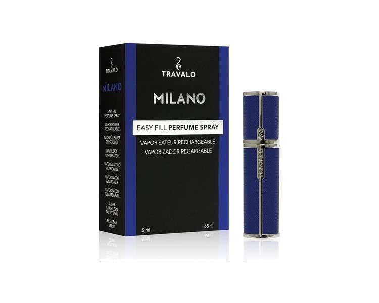 Travalo Milano Perfume Atomizer Travel Refill U-Change System TSA Approved Reusable Airtight Easy Fill Mini Pump Sprayer Lightweight Portable Vegan Leather with Polished Metal Outer Shell Blue 0.17oz