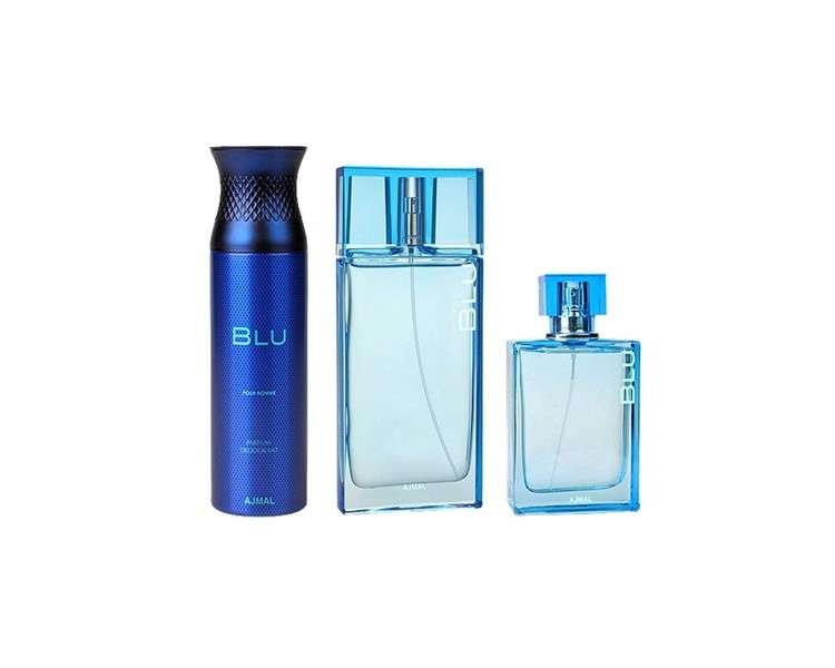 Ajmal Blu Gift Set for Men EDP Perfume Deodorant Cologne Fresh Floral Woody Musky Ambery