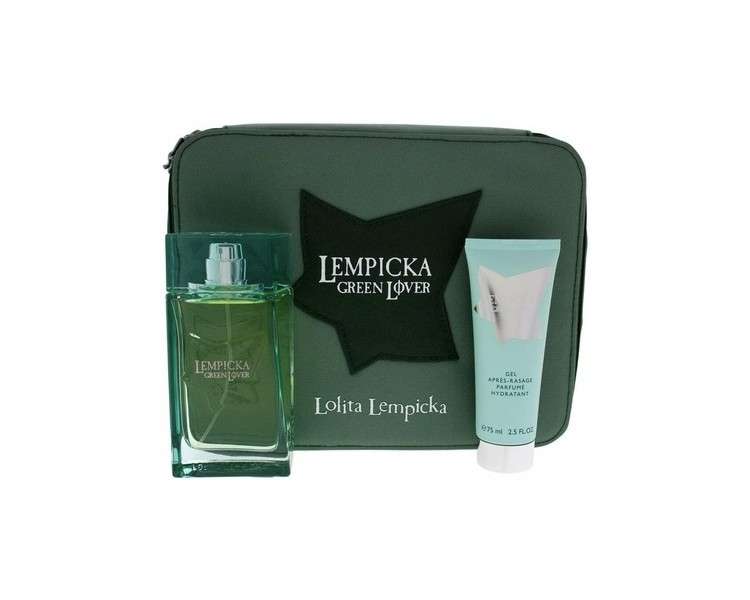 Lolita Lempicka Green Lover For Men 3 Piece Gift Set 3.4oz EDT Spray 2.5oz After Shave Gel Pouch