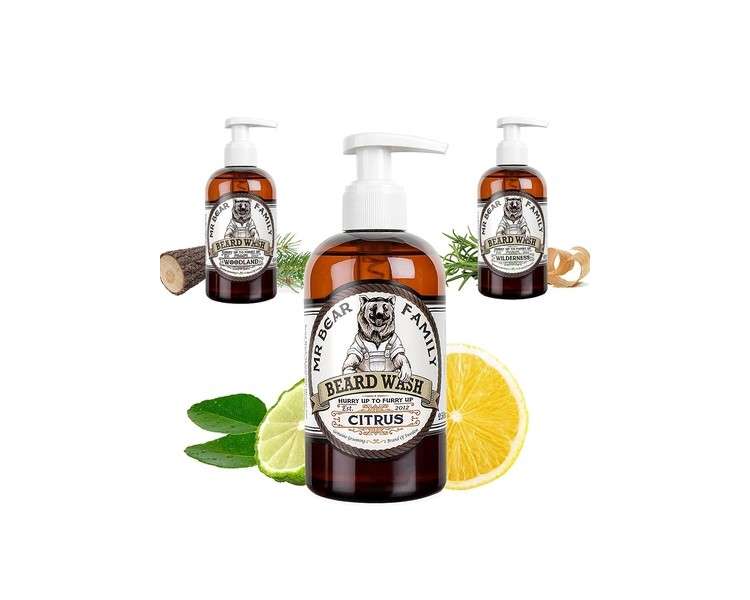 Mr Bear Family Natural Beard Shampoo for Men 250ml Citrus - 2-in-1 Beard Soap and Conditioner - Moisturizes for a Fuller, Healthier Beard - Citrus Scent