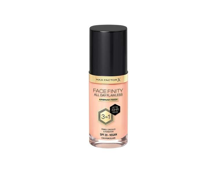 Max Factor Facefinity All Day Flawless 3 in 1 Liquid Foundation Lightweight Oil Free Formula with SPF 20 30ml Porcelain