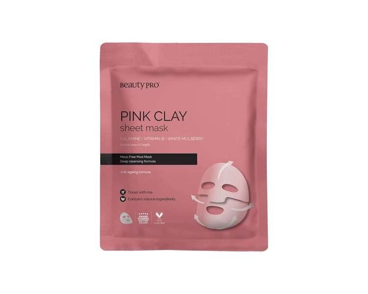 BeautyPro Pink Clay Sheet Mask with Calamine, Vitamin C, and Niacinamide Brightens Skin and Improves Complexion