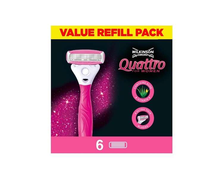 Wilkinson Sword Quattro For Women Smooth Glide Razor Blade Refills 6 Count