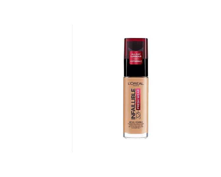 L'Oréal Paris Infallible 32H Fresh Wear Foundation Full Coverage Longwear Weightless Smooth Finish Water-proof Transfer-proof with Vitamin C SPF 25 30ml 250 Radiant Sand