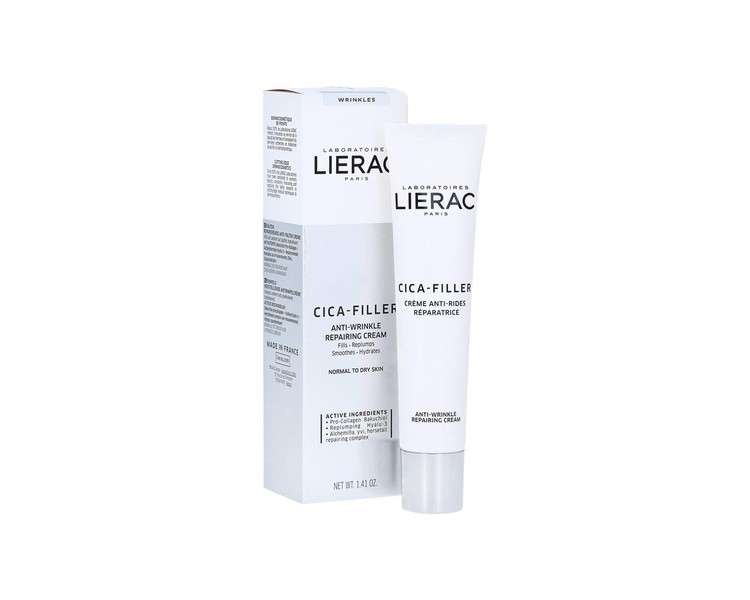 LIERAC Cica-Filler Anti-Wrinkle Cream Repairing Anti-Ageing Cream with Hyaluronic Acid and Pro Collagen 40ml