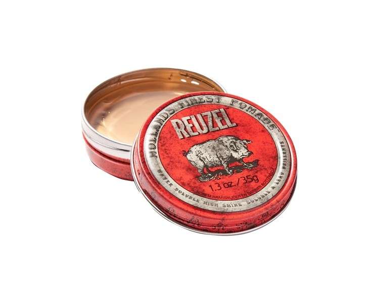 Reuzel Red Water Soluble High Sheen Pomade No Dry Formula Keeps High Shine and Strong Hold All Day without Flaking Easy Rinse Out Subtle Vanilla Cola Fragrance Vegan Formula 35g