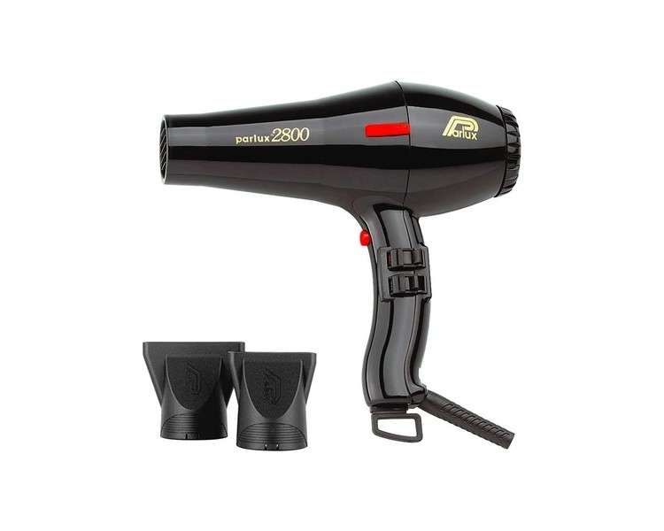 Parlux 2800 Professional Hair Dryer in Black Lightweight Compact 1760W Blow Dryer with 2 Speed Settings 3 Heat Controls Plus Cool Shot Button 3 Metre Salon Length Cable 2 Nozzle Attachments