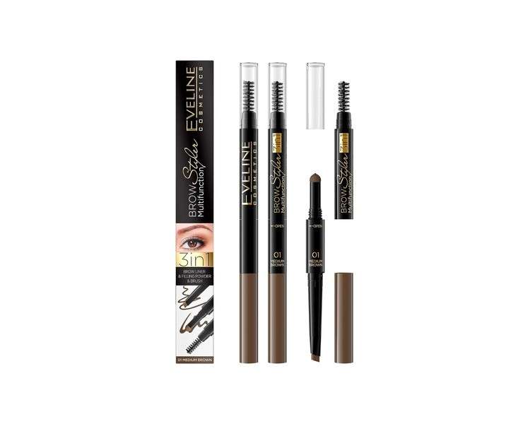 Eveline Cosmetics Brow Styler 3in1 Long-Lasting Multifunctional Double-Ended Eyebrow Pencil Definer Medium Brown Spoolie Brush Thin Tip for Natural Finish Powder to Fill in the Brows