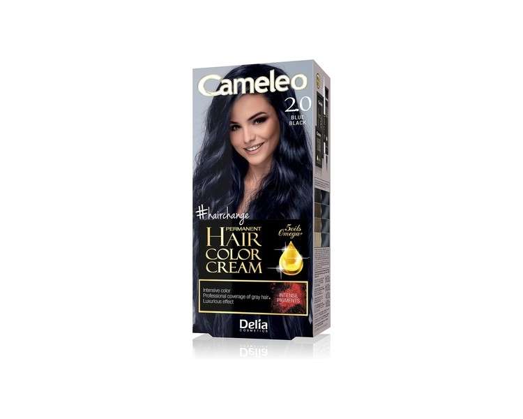 Cameleo Permanent Hair Colour Cream Blue Black Intensive Color & Protection 5 Oils + Omega Plus Acids Professional Luxurious Hair Dye Full Kit 2.0 Blue Black