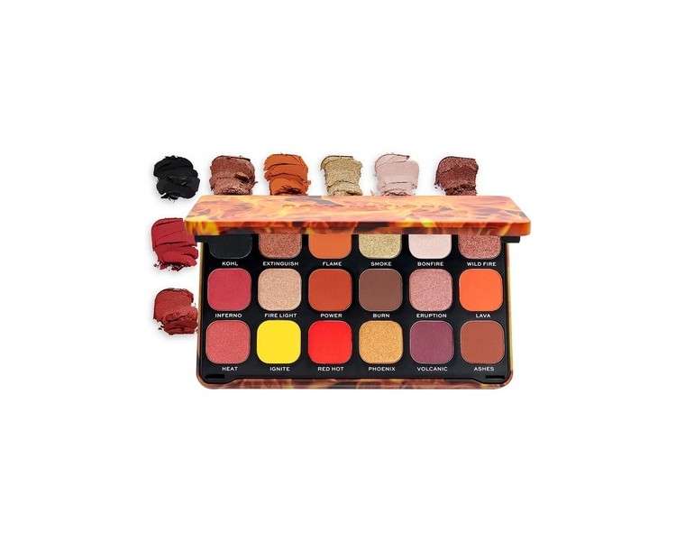 Makeup Revolution Forever Flawless Fire 18 Hot Matte Shimmer and Compact Glitter Eye Shadows on a Color Palette