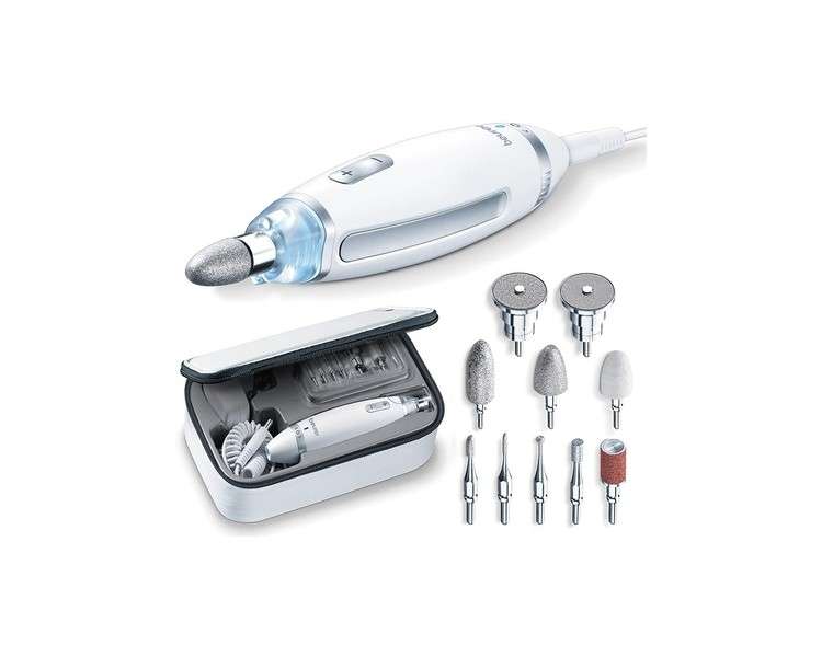 Beurer MP 62 Manicure/Pedicure Set with 10 High-Quality Nail Care Attachments and LED Light - White