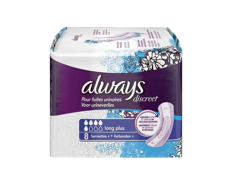 Always Discreet Long Plus Napkins for Bladder Weakness and Incontinence 8 Pieces