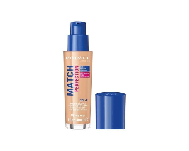 Rimmel London Match Perfection Liquid Foundation with Smart-tone Technology and SPF 20 Formula 30ml Fair Ivory