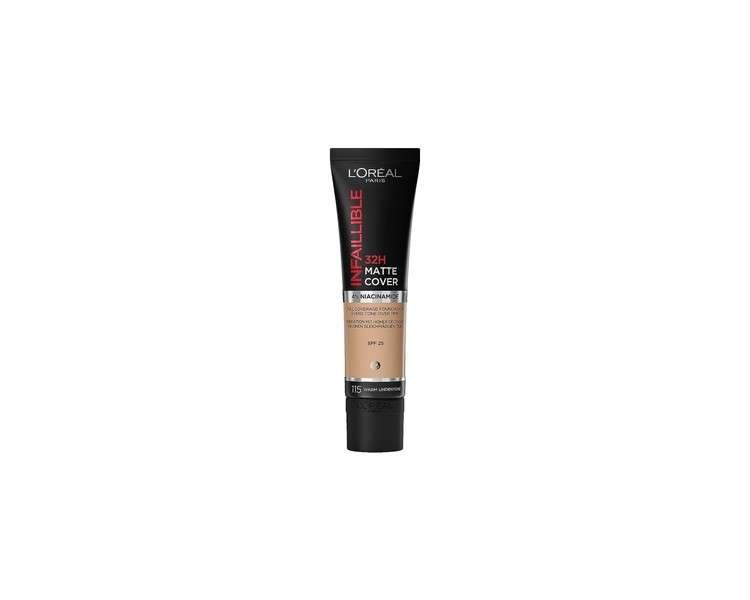 L'Oréal Paris Waterproof and Long-lasting Makeup, Mattifying Liquid Foundation with High Coverage, Formula with 4% Niacinamide, Infallible 32H Matte Cover 30ml 115 Warm