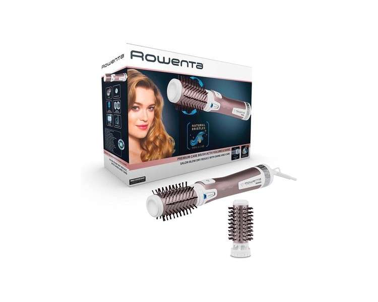 Rowenta CF9540 Brush Activ Premium Care Hot Air Brush with Natural Bristles and Cashmere-Keratin Coating 2 Attachments White 1000W Rotating Ionizing Natural Bristles