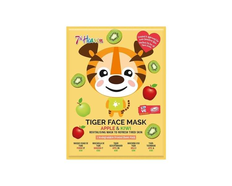 7th Heaven Tiger Sheet Face Mask Apple and Kiwi Revitalising Mask To Refresh Tired Skin 21g