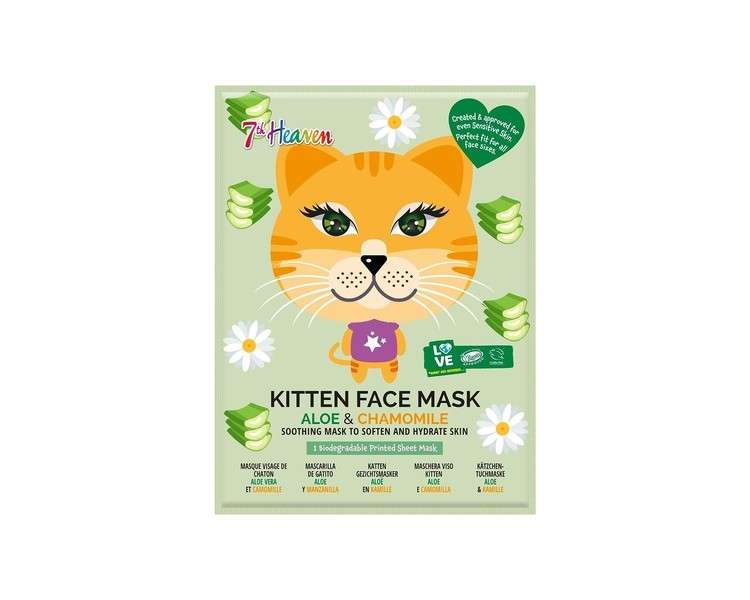 7th Heaven Kitten Face Sheet Mask with Chamomile and Aloe Vera to Soften and Hydrate Skin