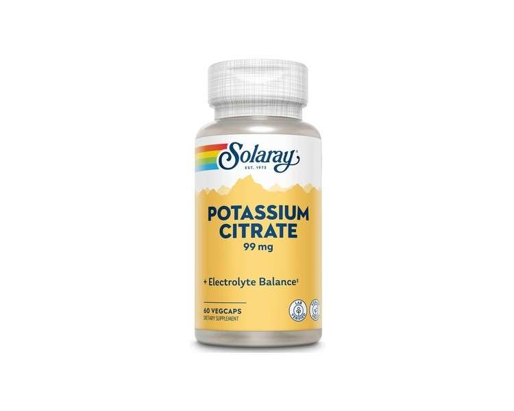 Solaray Potassium Citrate Healthy Electrolyte Balance Nerve Muscle Function Support Vegan 60 VegCaps