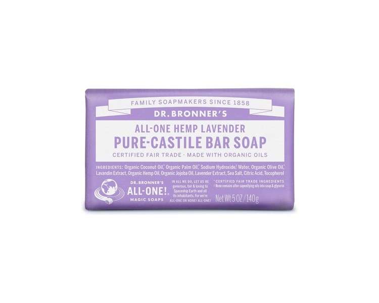 Dr Bronner's Lavender Pure-Castile Bar Soap Made with Organic Oils For Face Body & Hair Fair Trade Certified & Vegan Friendly 140g Bar