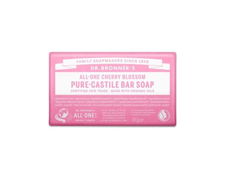 Dr Bronner's Cherry Blossom Pure-Castile Bar Soap with Organic Ingredients and Essential Oils 140g