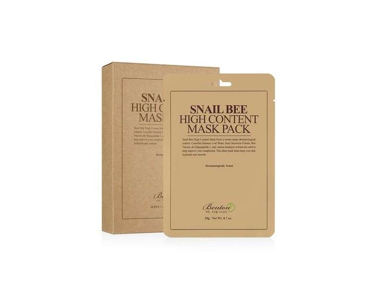 BENTON Snail Bee High Content Mask Pack 20g 10 Sheets - Skin Soothing & Hydrating Facial Mask Sheet