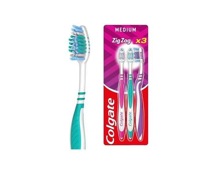 Colgate Zig Zag Medium Toothbrush Multi Angle Cross Bristles with Flexible Neck for Gum Comfort 3 Count - Pack of 3