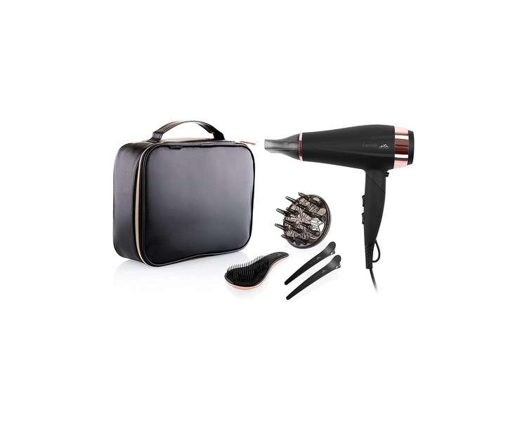 ETA Fenite I Black Edition Hair Dryer 2200W with Ion Function and Foldable Handle - Includes Diffuser, Travel Bag, 3 Temperature Settings, and 2 Speeds