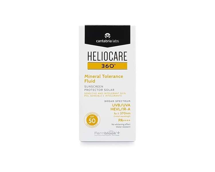 Heliocare 360 Mineral Tolerance Fluid SPF50 50ml Mineral Sunscreen For Face Hypoallergenic Sun Protection Silky Transparent Finish