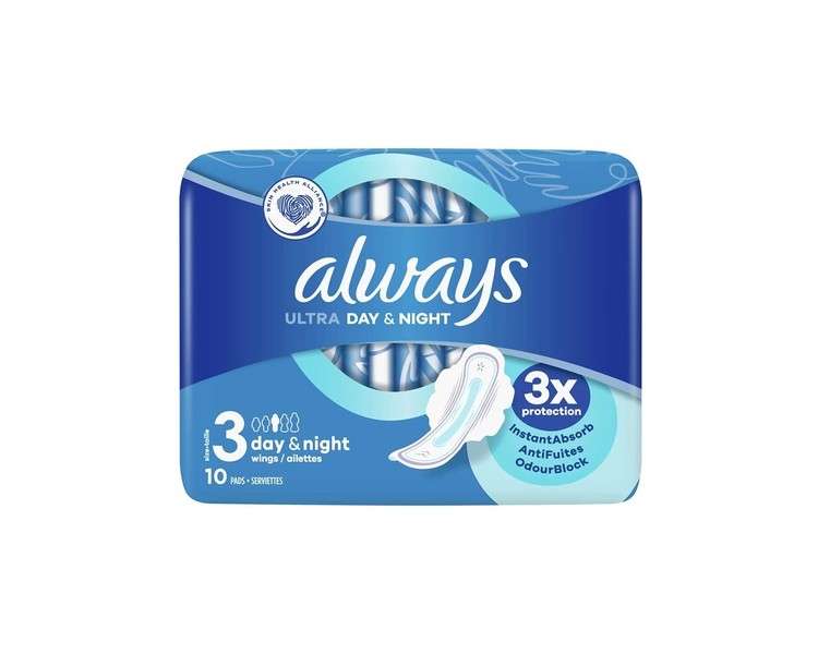 Always Ultra Day & Night Sanitary Pads Size 3 with Wings - Pack of 10