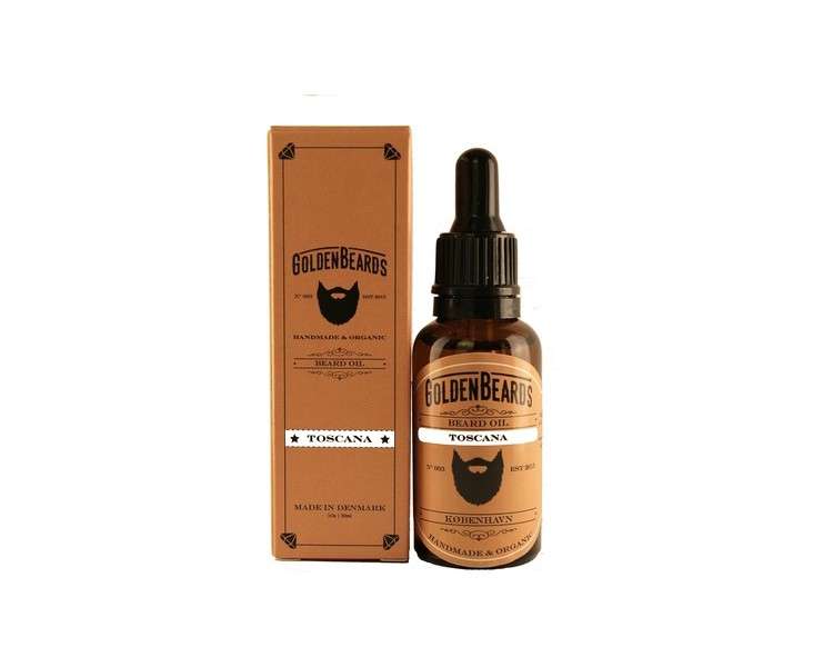 Organic Beard Oil TOSCANA 30ml Golden Beards 100% Organic Jojoba Argan Almond Oil for Real Beards Stop Itching Beard Best Growing Beard Best Beard Softener Product Perfect Beard Gift Set or Beard Kit Mens Beard Care