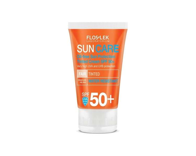 FLOSLEK Oil-Free Tinted Sun Face Cream SPF 50+ 50ml - Reduces Visibility of Skin Imperfections - For Even Skin Tone - For All Ages - For Combination and Oily Skin