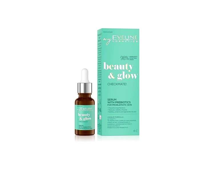 EVELINE Beauty & Glow Checkmate! Serum with Prebiotics for Problem Skin Vegan Prevents Free Radicals Soothes 98% Natural Ingredients with 7% Perfecting Complex 18ml