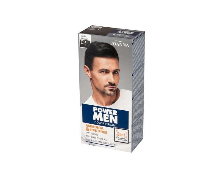 JOANNA Power Man 3 in 1 Hair Color for Men - Covers Gray Hair on Hair, Beard, and Mustache - Quick and Easy Home Application - Intense Dark Brown Color