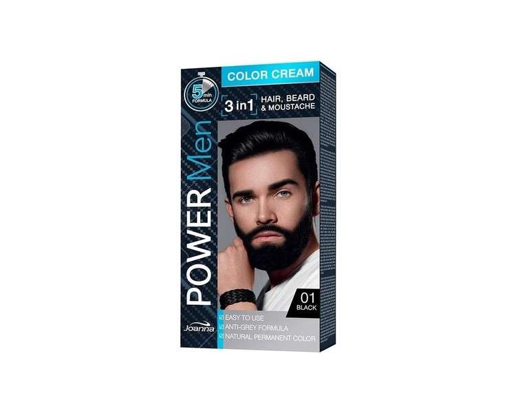 JOANNA Power Man 3 in 1 Hair Color for Men - Covers Gray Hair on Hair, Beard, and Mustache - Quick and Easy Home Application - Intense Black Color