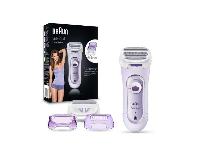 Braun Silk-épil 5 Lady Shaver 3-in-1 Electric Shaver Trimmer and Exfoliation System with Trimmer Cap Wet & Dry UK 2 Pin Plug 5-560 Violet