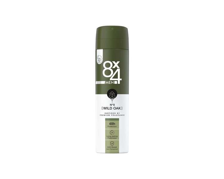 8X4 Men N°8 Wild Oak Antiperspirant Spray 150ml Deodorant with Woody Fragrance Reliable 48h Protection