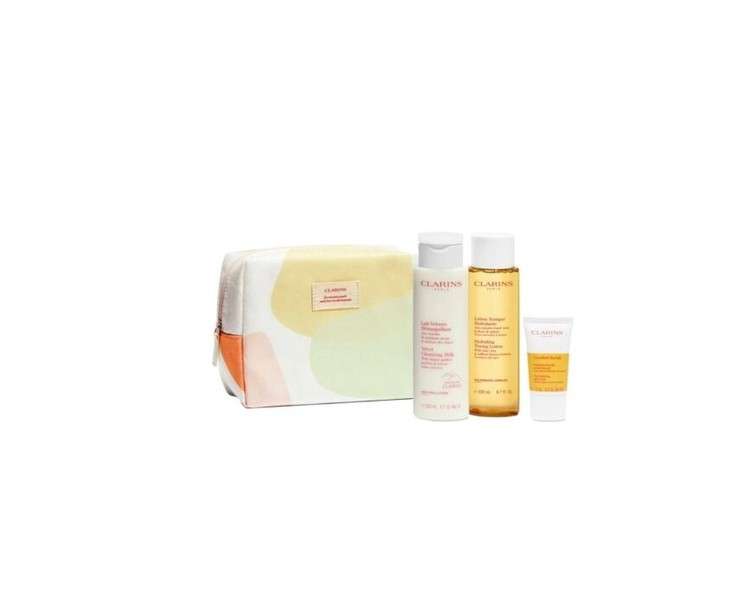 Clarins Cleansing Essentials Gift Set - Velvet Cleansing Milk 200ml + Toning Lotion 200ml + Nourishing Oil Scrub 15ml + Cosmetic Bag.