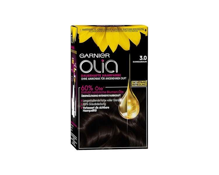 Garnier Olia Hair Colouration Dark Brown 3.0 60% Flower Oils Intense Colour Strength